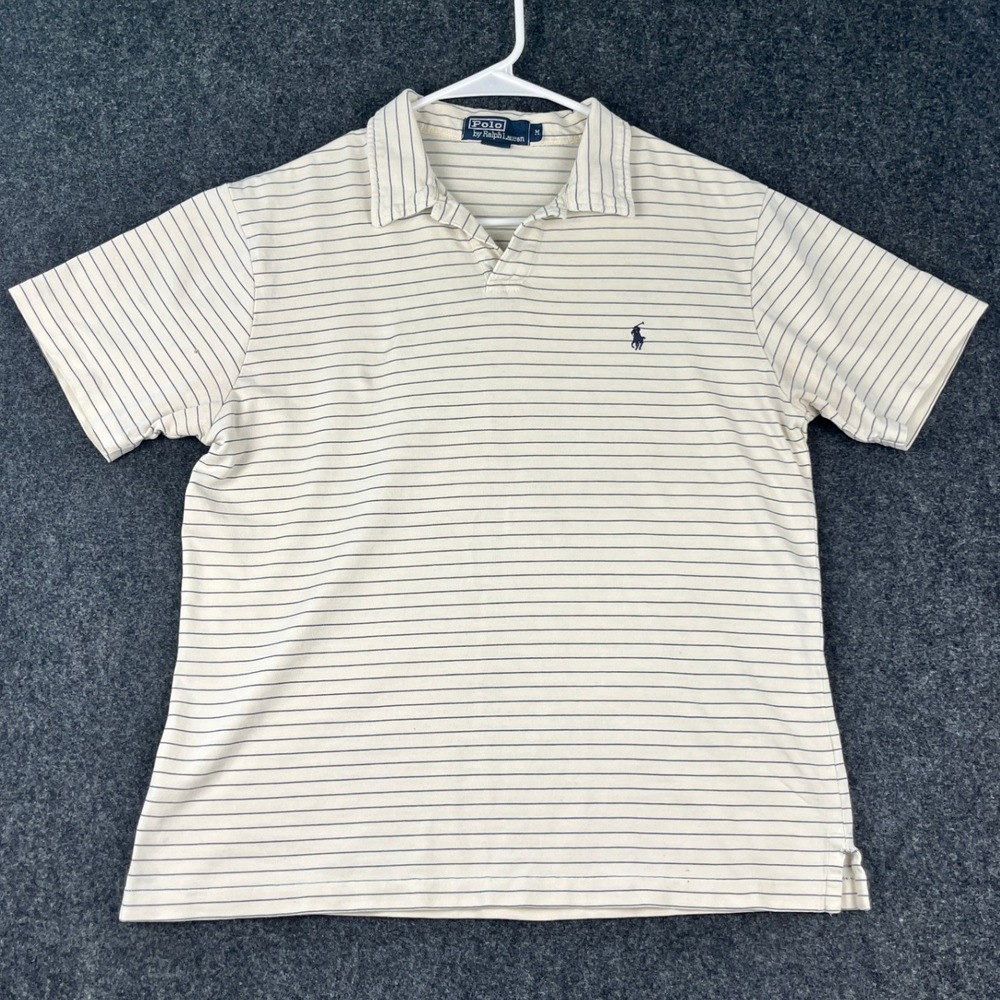 Polo Ralph Lauren Mens Medium Cream Navy Blue Striped Cotton Short Sleeve Polo